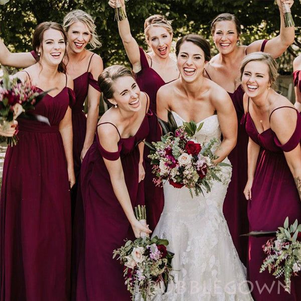 burgundy dress bridesmaids Off Shoulder Burgundy Chiffon A-line Cheap Long Custom Bridesmaid Dres – BubbleGowns