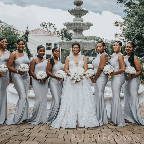 Simple One Shoulder Silver Grey Satin Mermaid Cheap Long Custom Brides BubbleGowns Simple One Shoulder Silver Grey Satin Mermaid Cheap Long Custom Brides BubbleGowns