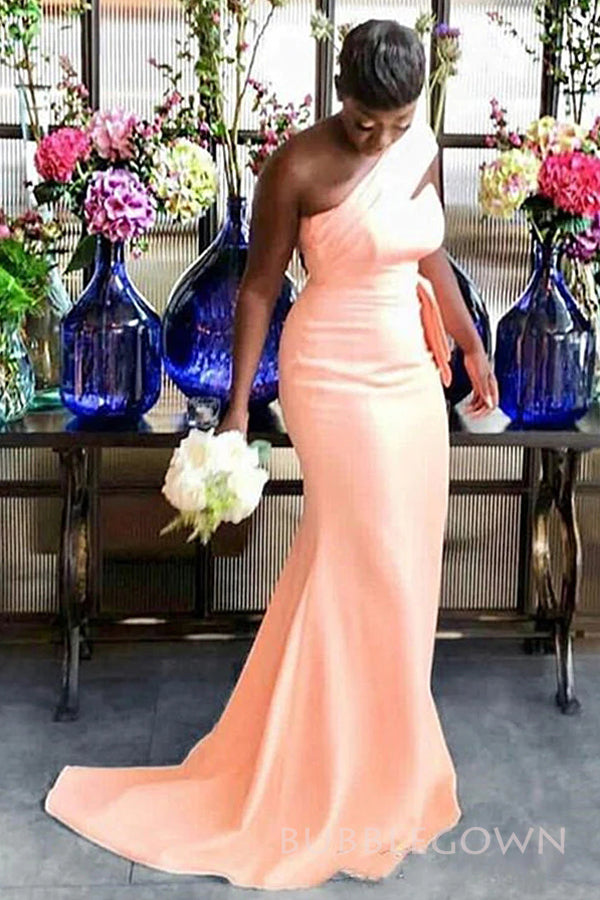 One Shoulder Peach Satin Mermaid Long Custom Bridesmaid Dresses, BGB01 BubbleGowns One Shoulder Peach Satin Mermaid Long Custom Bridesmaid Dresses, BGB01 BubbleGowns