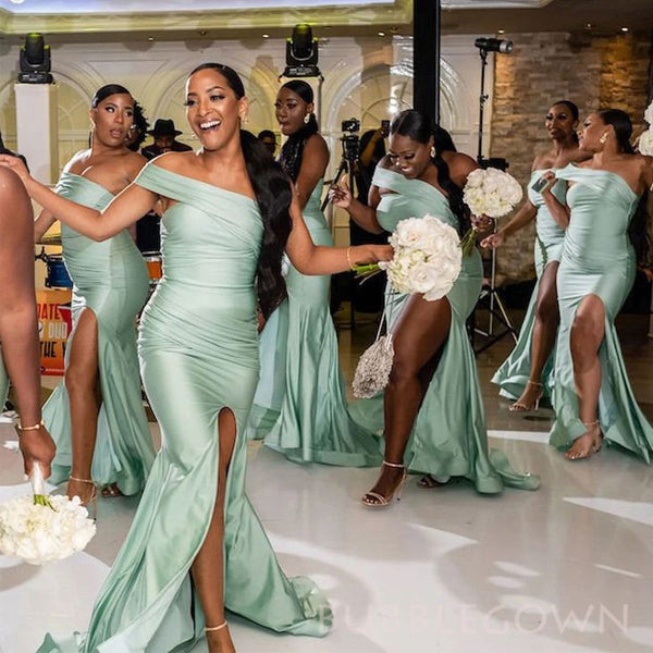 Sage Green Satin Mermaid One Shoulder Long Custom Side Slit Bridesmaid BubbleGowns Sage Green Satin Mermaid One Shoulder Long Custom Side Slit Bridesmaid BubbleGowns