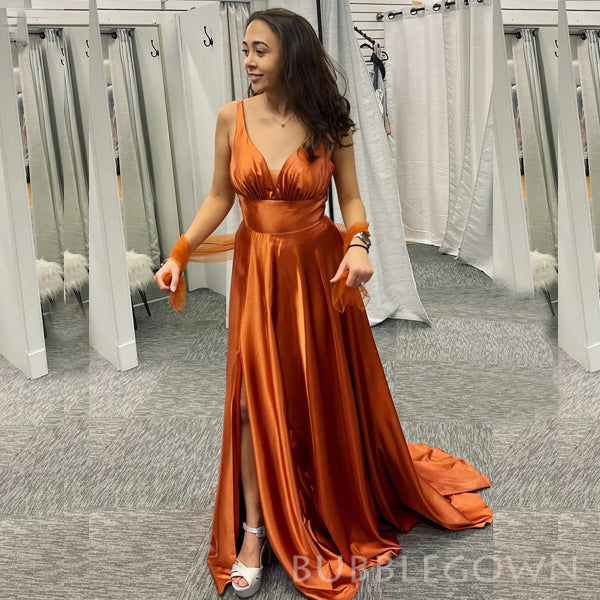 Burnt Orange Satin A-line Long Custom V-neck Bridesmaid Dresses, BGB01 BubbleGowns Burnt Orange Satin A-line Long Custom V-neck Bridesmaid Dresses, BGB01 BubbleGowns