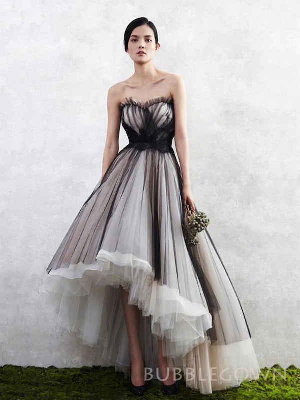 A-line Black Tulle Strapless Long Evening Prom Dresses, Custom High-lo BubbleGowns A-line Black Tulle Strapless Long Evening Prom Dresses, Custom High-lo BubbleGowns