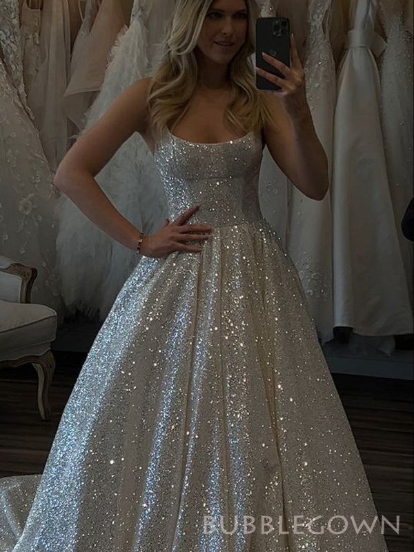 Formal White Sequins A-line Long Evening Prom Dresses, Spaghetti Strap BubbleGowns Formal White Sequins A-line Long Evening Prom Dresses, Spaghetti Strap BubbleGowns
