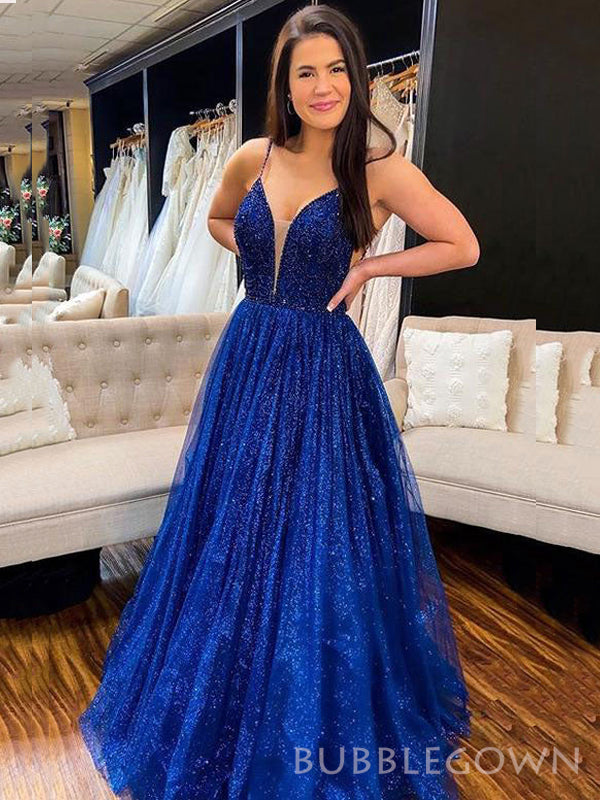 A-line Royal Blue Tulle Sparkly Long Evening Prom Dresses, Spaghetti S BubbleGowns A-line Royal Blue Tulle Sparkly Long Evening Prom Dresses, Spaghetti S BubbleGowns