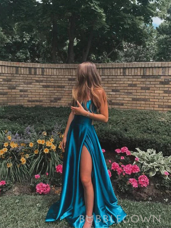 Simple A-line Satin Backless Long Evening Prom Dresses, High Slit Prom BubbleGowns Simple A-line Satin Backless Long Evening Prom Dresses, High Slit Prom BubbleGowns