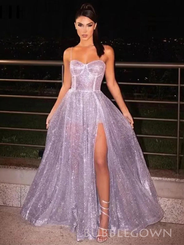 Spaghetti Straps A-line Purple Long Prom Dresses, See Through Prom Dre – BubbleGowns Spaghetti Straps A-line Purple Long Prom Dresses, See Through Prom Dre – BubbleGowns
