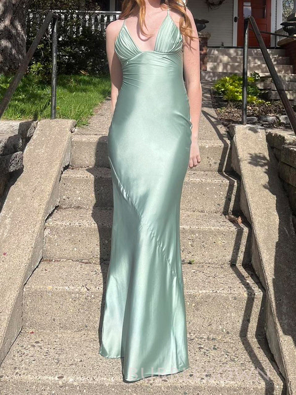 Sage Green Satin Mermaid Spaghetti Straps V-neck Long Prom Dresses, BG BubbleGowns Sage Green Satin Mermaid Spaghetti Straps V-neck Long Prom Dresses, BG BubbleGowns