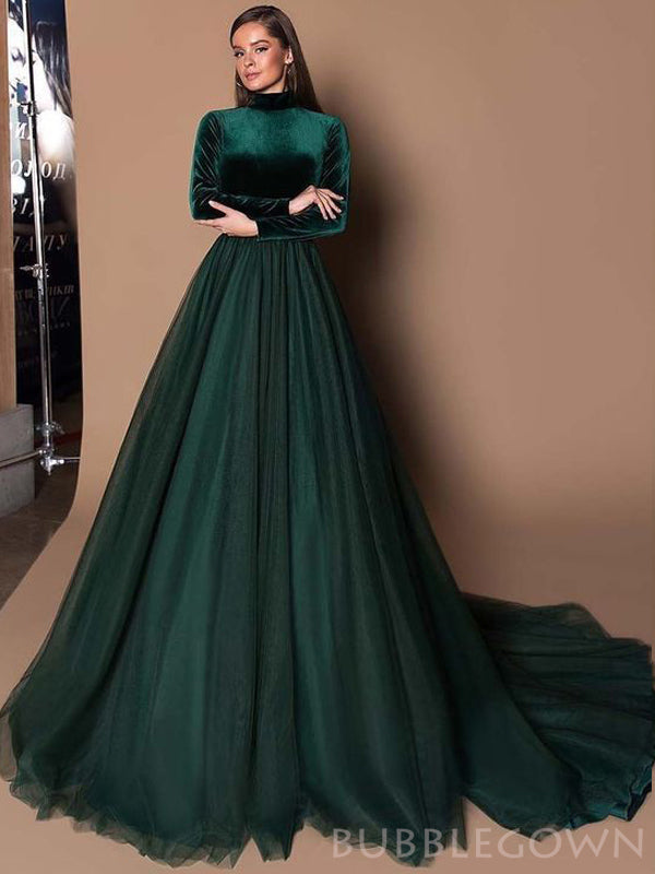 Teal Green Long Sleeves High Neck Long Prom Dresses FP1118 BubbleGowns Teal Green Long Sleeves High Neck Long Prom Dresses FP1118 BubbleGowns