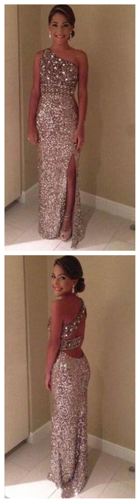 One Shoulder Sequin Side Split Shinning Long Prom Dresses, BG51144
