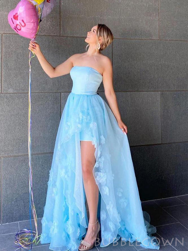 A-line Tulle High Slit Long Evening Prom Dresses, Custom Strapless Pro BubbleGowns A-line Tulle High Slit Long Evening Prom Dresses, Custom Strapless Pro BubbleGowns
