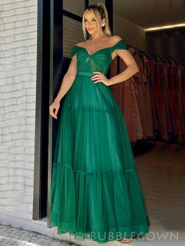 Dark Green Tulle A-line Off Shoulder Long Evening Prom Dresses, Custom BubbleGowns Dark Green Tulle A-line Off Shoulder Long Evening Prom Dresses, Custom BubbleGowns