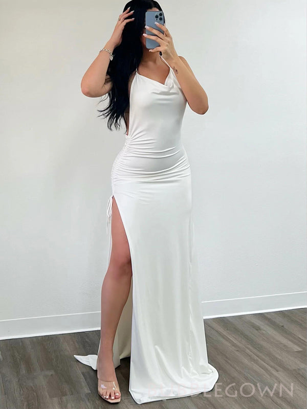 white high slit dress Sheath White Spaghetti Straps Long Evening Prom Dresses, Custom High S – BubbleGowns