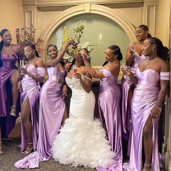 One Shoulder Short Sleeve Lilac Satin Side Slit Long Custom Bridesmaid BubbleGowns One Shoulder Short Sleeve Lilac Satin Side Slit Long Custom Bridesmaid BubbleGowns