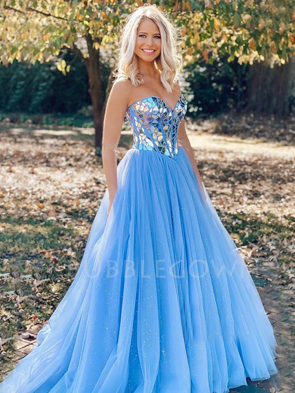 A-Line Rhinestone Backless Blue Tulle Long Evening Prom Dresses, Cheap BubbleGowns A-Line Rhinestone Backless Blue Tulle Long Evening Prom Dresses, Cheap BubbleGowns