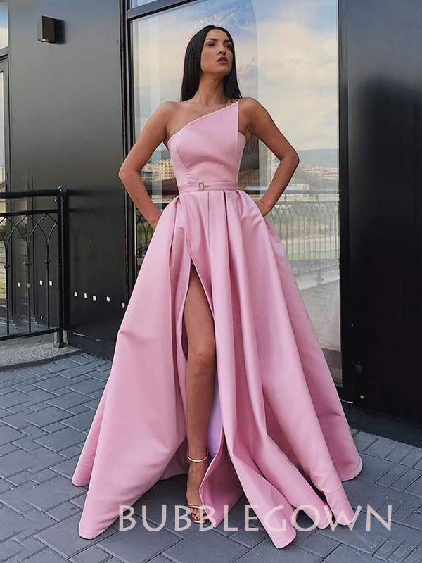 Blue Satin Backless Side Slit A-Line Long Evening Prom Dresses, Cheap BubbleGowns Blue Satin Backless Side Slit A-Line Long Evening Prom Dresses, Cheap BubbleGowns