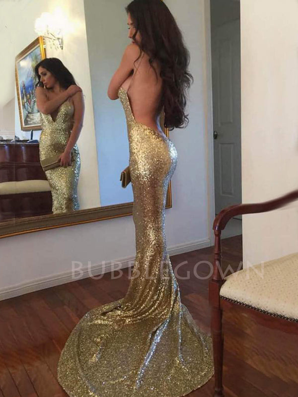 Sexy Gold Sequin Mermaid Spaghetti Straps Long Evening Prom Dresses, C – BubbleGowns