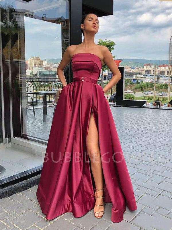 A-line Burgundy Satin Strapless Side Slit Long Evening Prom Dresses, C BubbleGowns A-line Burgundy Satin Strapless Side Slit Long Evening Prom Dresses, C BubbleGowns