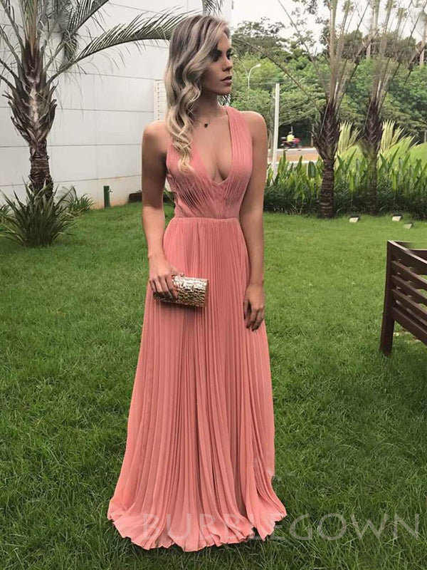 A-line Coral Chiffon V-neck Long Evening Prom Dresses, Cheap Custom Pr BubbleGowns A-line Coral Chiffon V-neck Long Evening Prom Dresses, Cheap Custom Pr BubbleGowns