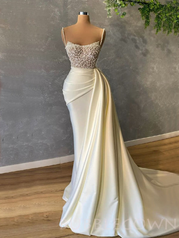 Mermaid White Satin Spaghetti Straps Beaded Long Evening Prom Dresses, BubbleGowns Mermaid White Satin Spaghetti Straps Beaded Long Evening Prom Dresses, BubbleGowns