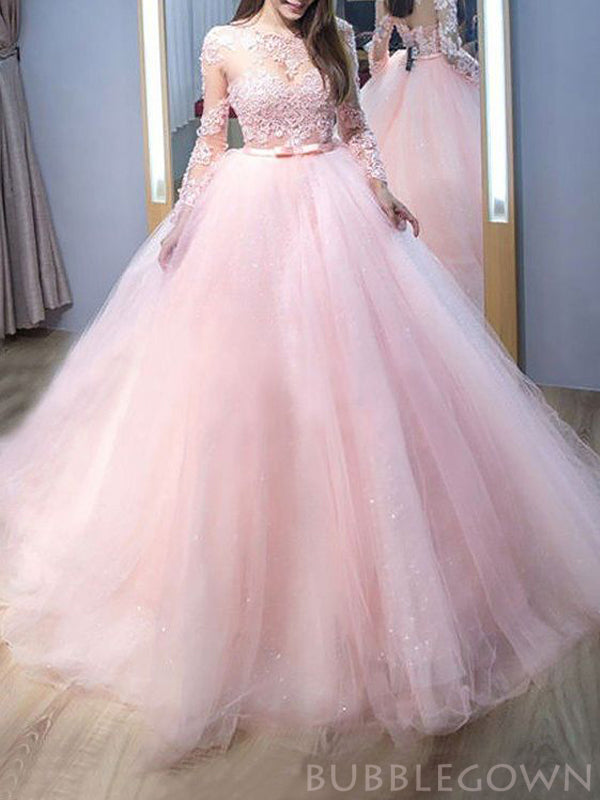 Long Sleeves Pink Tulle Appliques High Neck Long A-line Evening Prom D BubbleGowns Long Sleeves Pink Tulle Appliques High Neck Long A-line Evening Prom D BubbleGowns