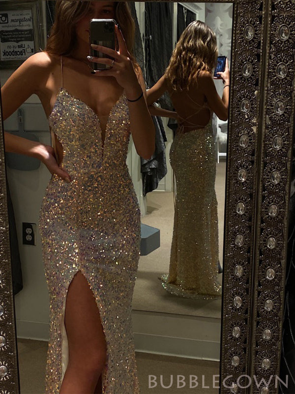 Simple Spaghetti Straps Mermaid Sequin side Slit Long Sparkly Evening BubbleGowns Simple Spaghetti Straps Mermaid Sequin side Slit Long Sparkly Evening BubbleGowns