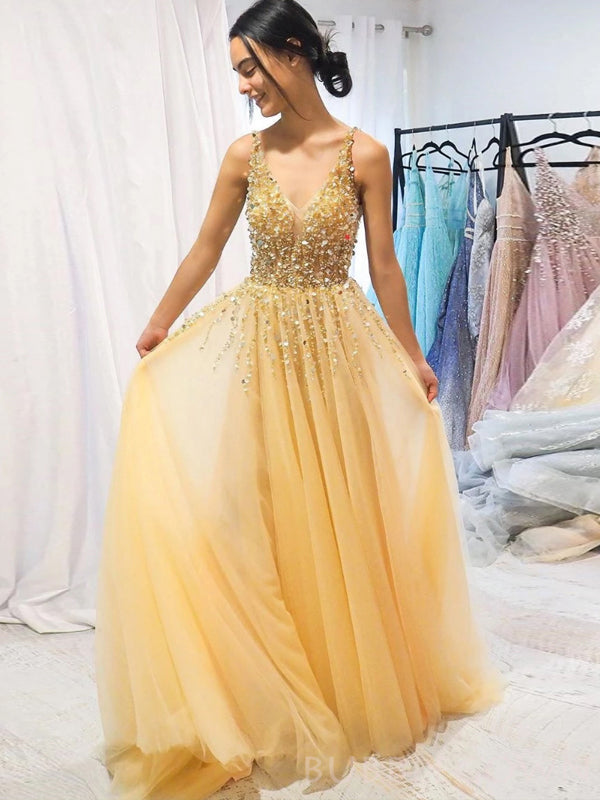 A-line Yellow Tulle Beaded Long Evening Prom Dresses, Cheap Custom Pro BubbleGowns A-line Yellow Tulle Beaded Long Evening Prom Dresses, Cheap Custom Pro BubbleGowns