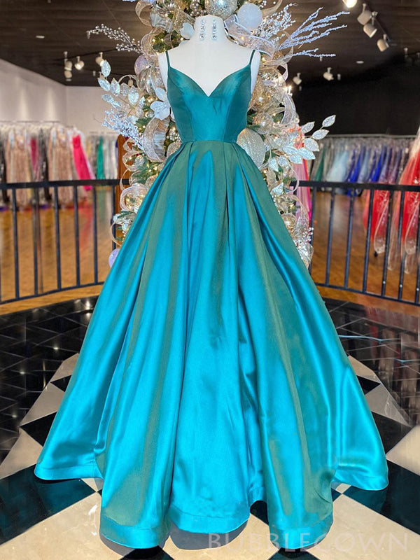 A-line Peacock Blue Satin Long Evening Prom Dresses, Spaghetti Straps BubbleGowns A-line Peacock Blue Satin Long Evening Prom Dresses, Spaghetti Straps BubbleGowns