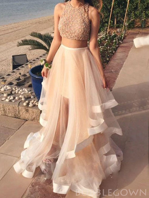 Two Pieces Champagne Tulle Beaded Long Evening Prom Dresses, A-line Cu BubbleGowns Two Pieces Champagne Tulle Beaded Long Evening Prom Dresses, A-line Cu BubbleGowns