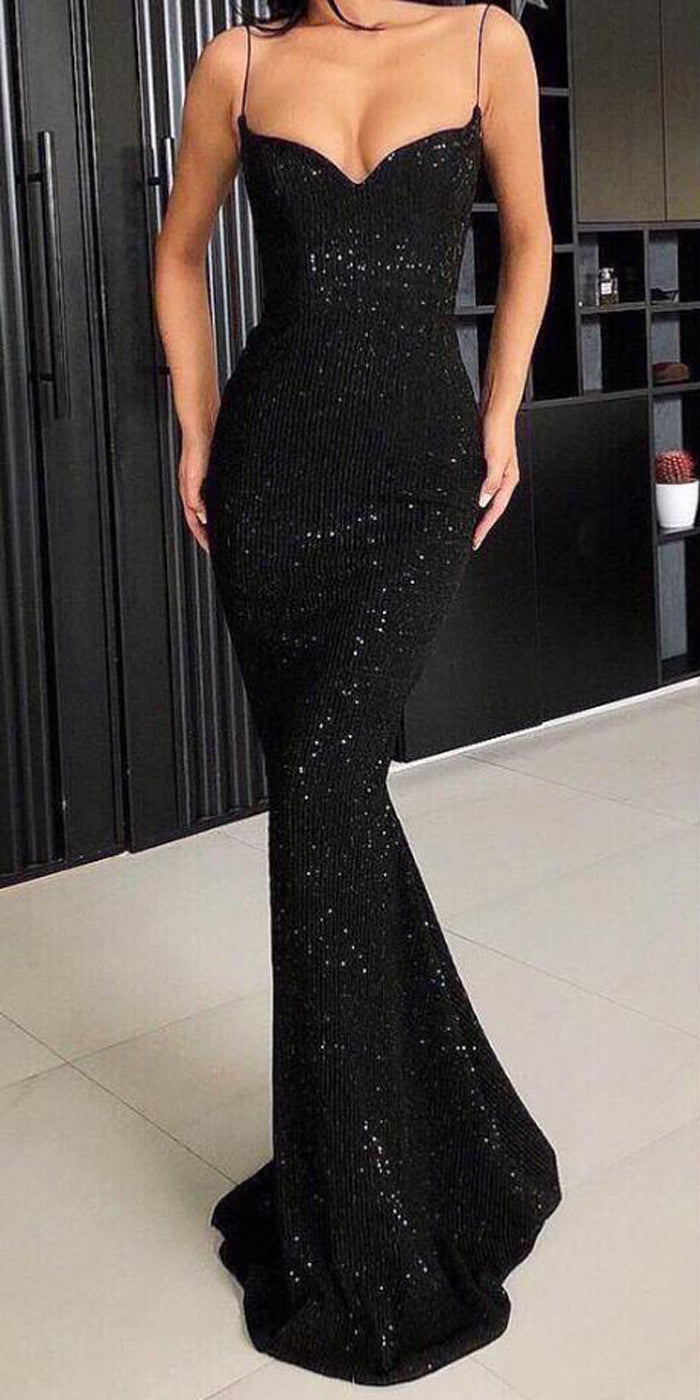 black spaghetti strap prom dress Sparkle Popular Long Dresses, WP005 – BubbleGowns Color:Black floral length masterpiece effortlessly molds 102 Sleek Black Midi Dress