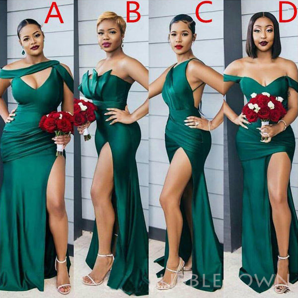 Mismatched Mermaid Emerald Green Satin Side Slit Long Bridesmaid Dress BubbleGowns Mismatched Mermaid Emerald Green Satin Side Slit Long Bridesmaid Dress BubbleGowns