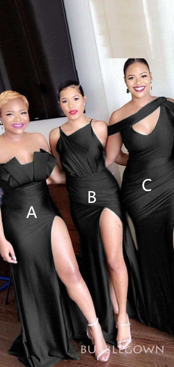 Mismatched Black Satin Side Slit Long Custom Bridesmaid Dresses , BGB0 BubbleGowns Mismatched Black Satin Side Slit Long Custom Bridesmaid Dresses , BGB0 BubbleGowns
