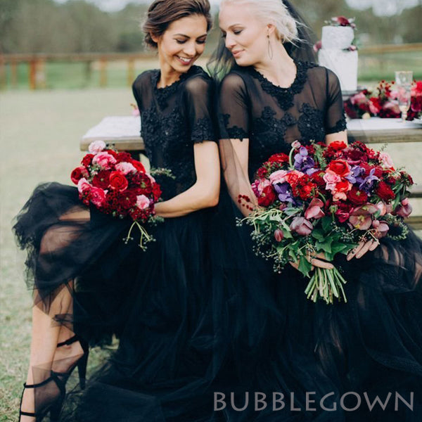A-line Black Tulle Appliques Short Sleeves Long Custom Bridesmaid Dresses ,BGB0032