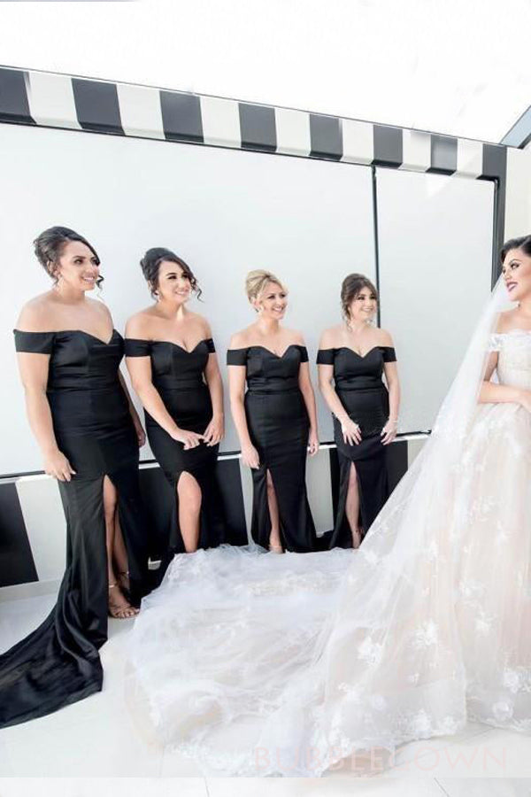 satin off-the-shoulder mermaid bridesmaid dress Simple Mermaid Off The Shoulder Ivory Satin Wedding Dress WD605 US16 / Custom Color