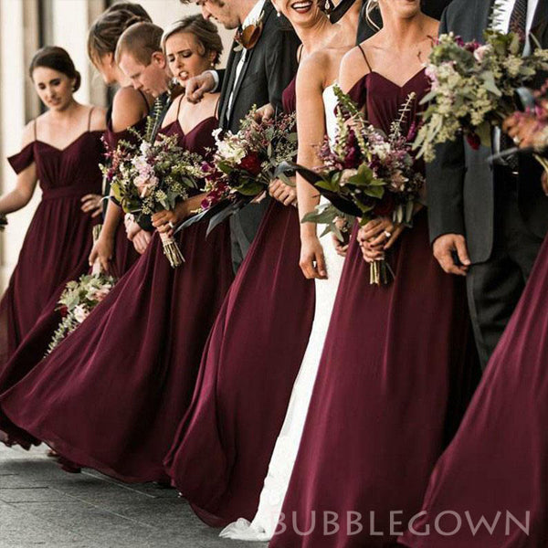 Off Shoulder Burgundy Chiffon A-line Cheap Long Custom Bridesmaid Dres BubbleGowns Off Shoulder Burgundy Chiffon A-line Cheap Long Custom Bridesmaid Dres BubbleGowns