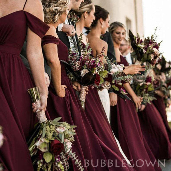 Off Shoulder Burgundy Chiffon A-line Cheap Long Custom Bridesmaid Dres BubbleGowns Off Shoulder Burgundy Chiffon A-line Cheap Long Custom Bridesmaid Dres BubbleGowns
