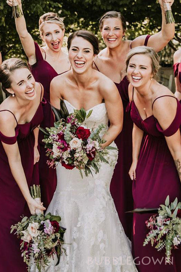 Off Shoulder Burgundy Chiffon A-line Cheap Long Custom Bridesmaid Dres BubbleGowns Off Shoulder Burgundy Chiffon A-line Cheap Long Custom Bridesmaid Dres BubbleGowns