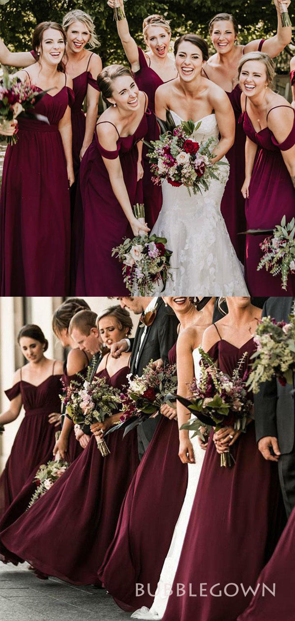 Off Shoulder Burgundy Chiffon A-line Cheap Long Custom Bridesmaid Dres BubbleGowns Off Shoulder Burgundy Chiffon A-line Cheap Long Custom Bridesmaid Dres BubbleGowns