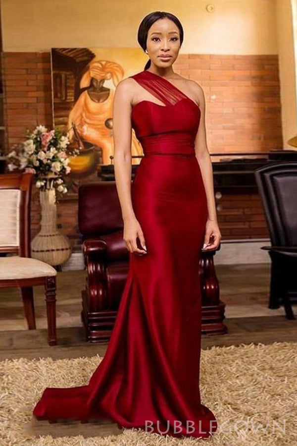 One Shoulder Dark Red Satin Mermaid Cheap Long Custom Bridesmaid Dress BubbleGowns One Shoulder Dark Red Satin Mermaid Cheap Long Custom Bridesmaid Dress BubbleGowns