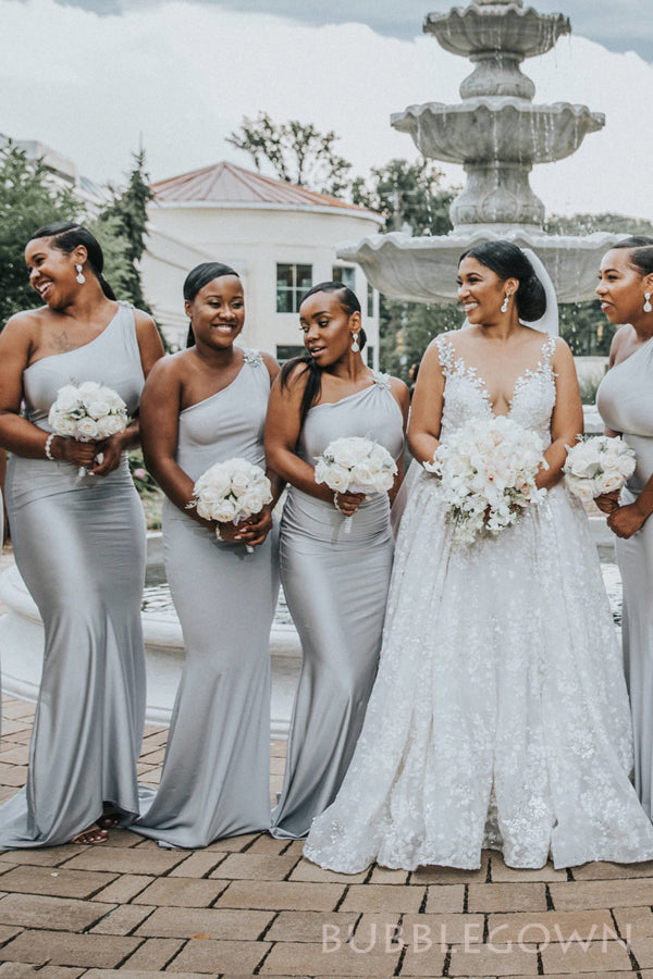 Simple One Shoulder Silver Grey Satin Mermaid Cheap Long Custom Brides BubbleGowns Simple One Shoulder Silver Grey Satin Mermaid Cheap Long Custom Brides BubbleGowns