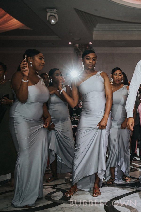 Simple One Shoulder Silver Grey Satin Mermaid Cheap Long Custom Brides BubbleGowns Simple One Shoulder Silver Grey Satin Mermaid Cheap Long Custom Brides BubbleGowns
