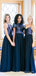 A-line Mismatched Navy Blue Sequins Chiffon Cheap Long Custom Bridesmaid Dresses , BGB0065