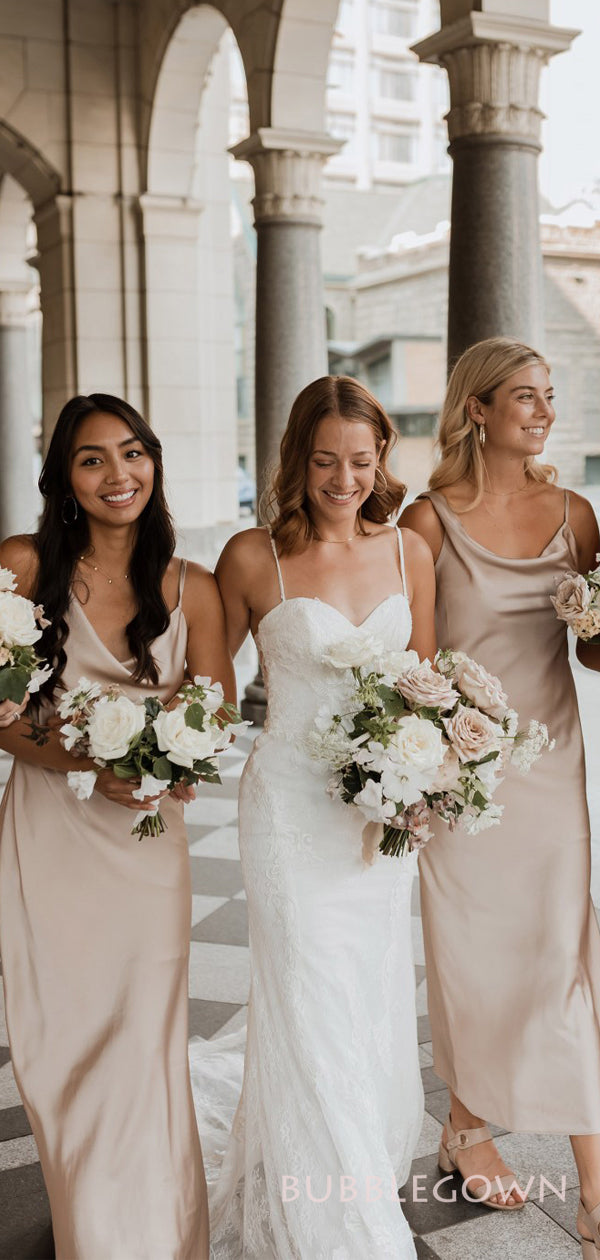 Simple Champagne Satin Spaghetti Straps Cheap Long Custom Bridesmaid D BubbleGowns Simple Champagne Satin Spaghetti Straps Cheap Long Custom Bridesmaid D BubbleGowns