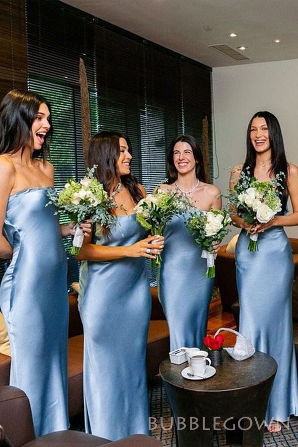 Sexy Strapless Blue Satin Mermaid Long Custom Side Slit Bridesmaid Dre BubbleGowns Sexy Strapless Blue Satin Mermaid Long Custom Side Slit Bridesmaid Dre BubbleGowns
