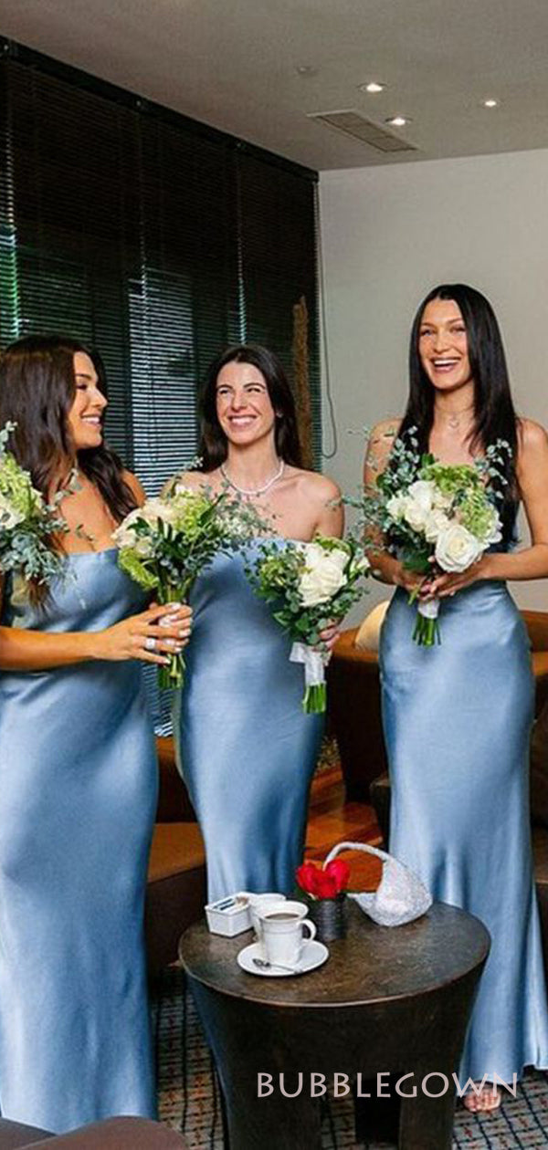 Sexy Strapless Blue Satin Mermaid Long Custom Side Slit Bridesmaid Dre BubbleGowns Sexy Strapless Blue Satin Mermaid Long Custom Side Slit Bridesmaid Dre BubbleGowns