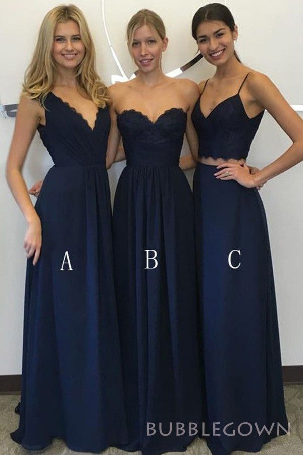 Mismatched Navy Blue Long Custom A-line Bridesmaid Dresses, BGB0081