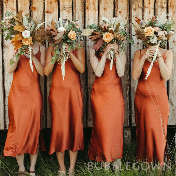 Simple Burnt Orange Satin Long Custom Spaghetti Straps Bridesmaid Dresses, BGB0087