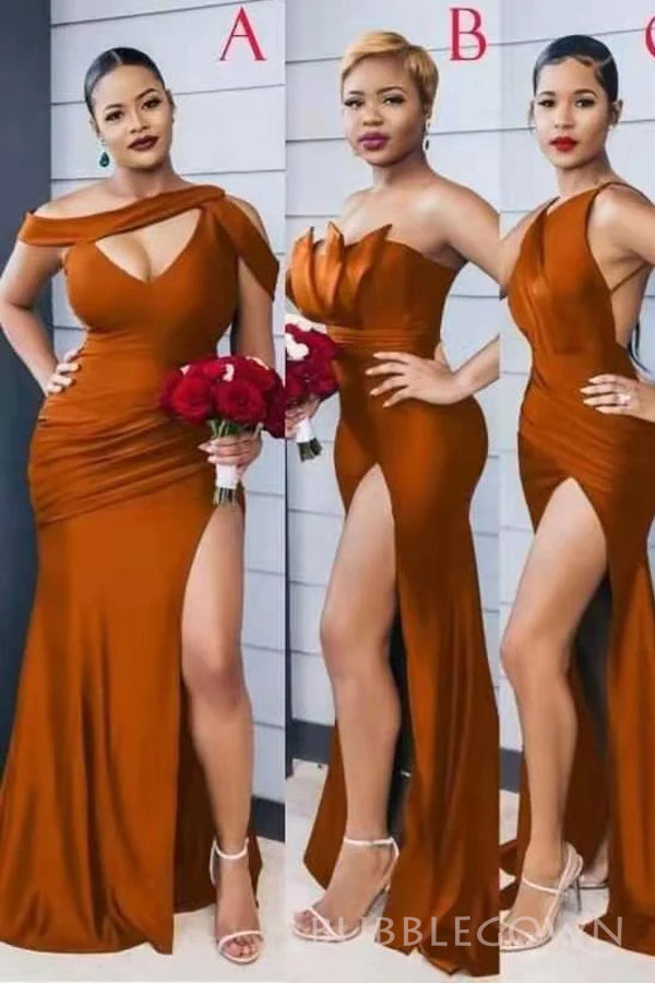 Burnt Orange Satin Mismatched Mermaid Side Slit Long Custom Bridesmaid BubbleGowns Burnt Orange Satin Mismatched Mermaid Side Slit Long Custom Bridesmaid BubbleGowns