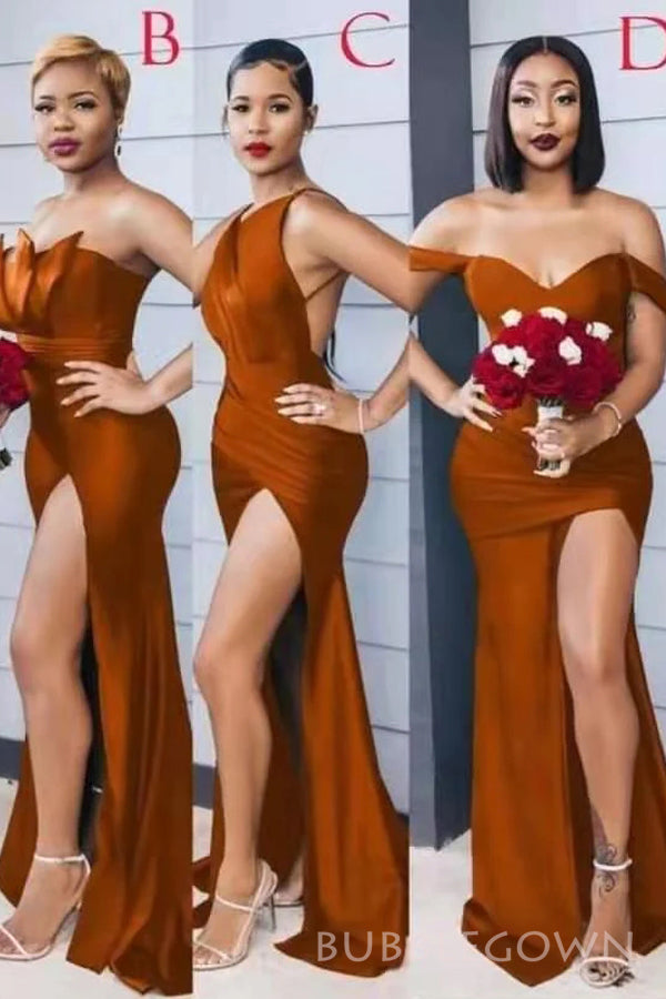 Burnt Orange Satin Mismatched Mermaid Side Slit Long Custom Bridesmaid BubbleGowns Burnt Orange Satin Mismatched Mermaid Side Slit Long Custom Bridesmaid BubbleGowns