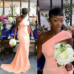 peach mermaid bridesmaid dresses One Shoulder Peach Satin Mermaid Long Custom Bridesmaid Dresses, BGB01 –  BubbleGowns