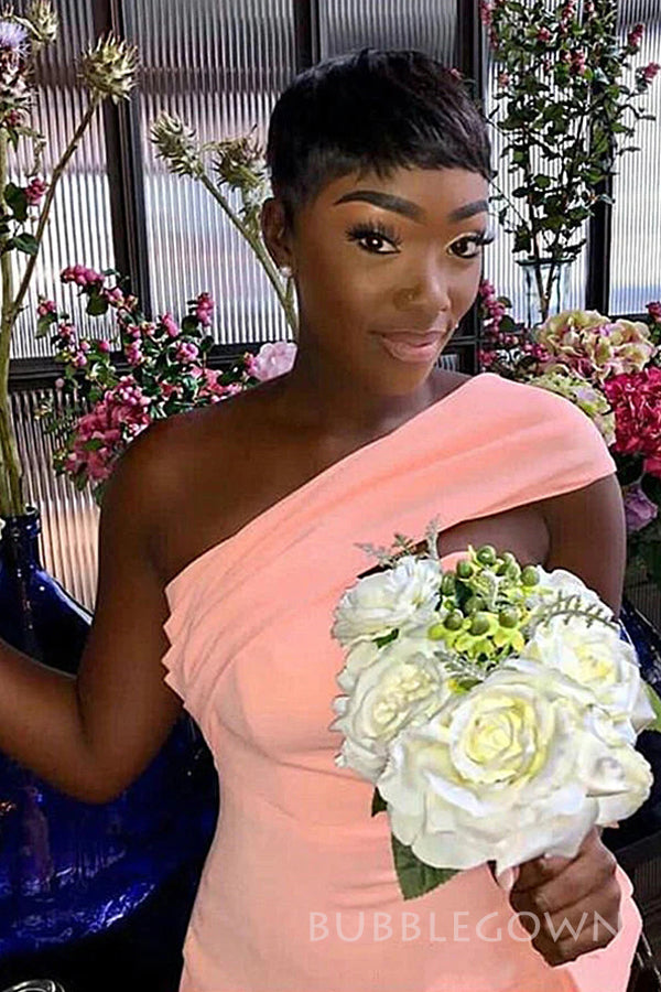 One Shoulder Peach Satin Mermaid Long Custom Bridesmaid Dresses, BGB01 BubbleGowns One Shoulder Peach Satin Mermaid Long Custom Bridesmaid Dresses, BGB01 BubbleGowns